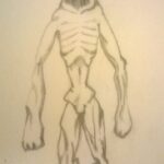 A pencil sketch of a skeletal humanoid creature with elongated limbs, hollow eyes, and a darkened mouth.