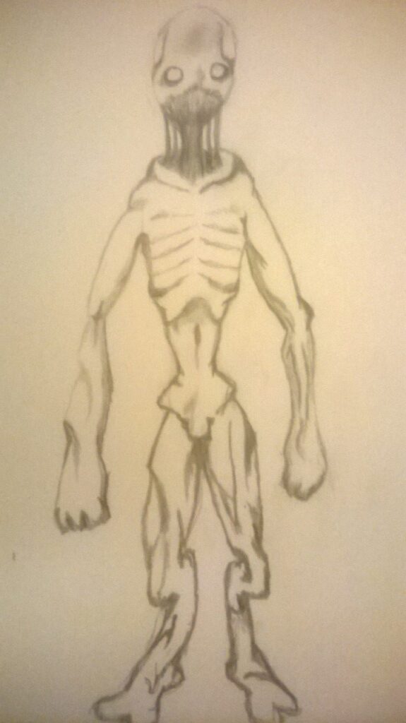 A pencil sketch of a skeletal humanoid creature with elongated limbs, hollow eyes, and a darkened mouth.