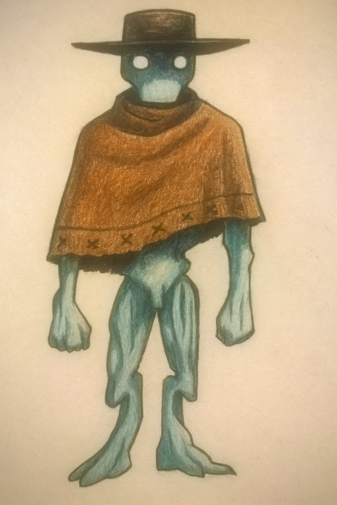 Alien with wide-brimmed hat and poncho