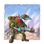 A blue Quar adventurer miniature carrying a large backpack and rifle stands against a rocky, mountainous backdrop, showcasing a kit‑bashed, explorer‑themed design.